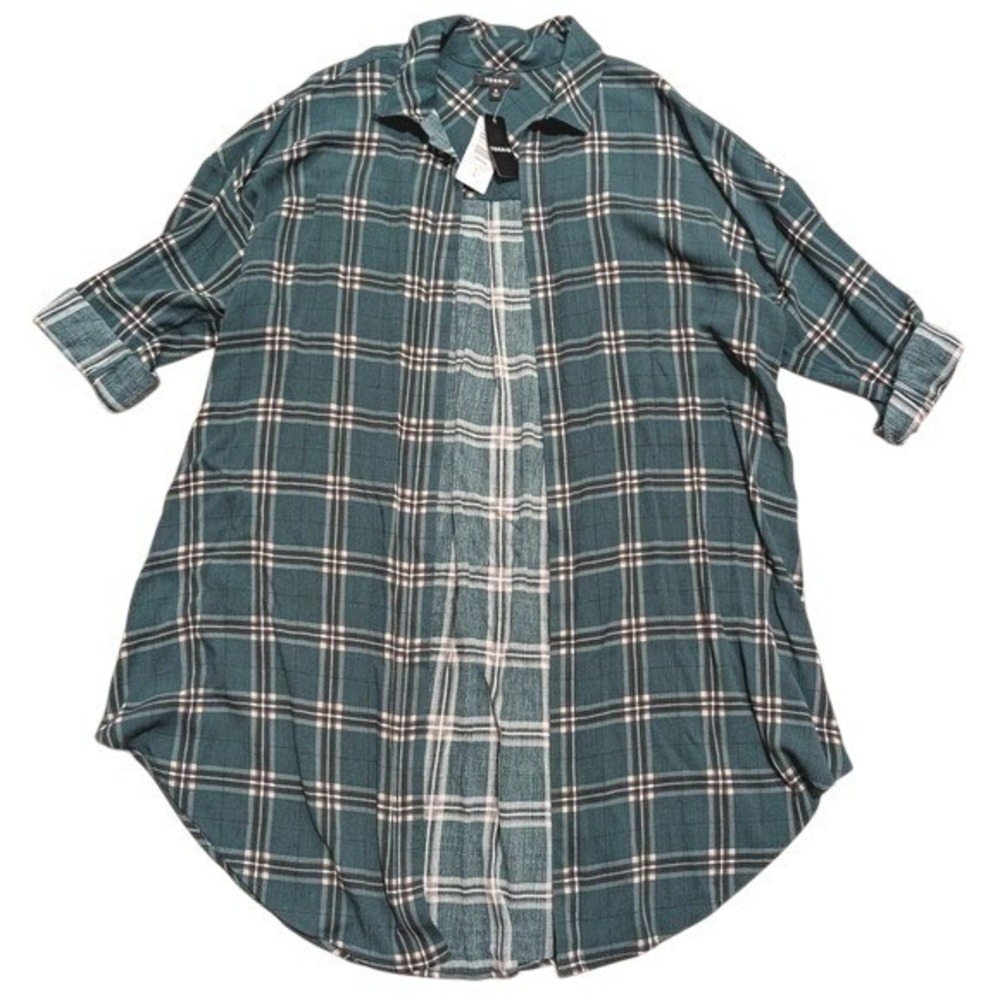 Torrid NWT Plus 0 0X 12 14 XL Green Plaid Shirt Duster Cardigan Tunic Top NEW - Picture 1 of 3